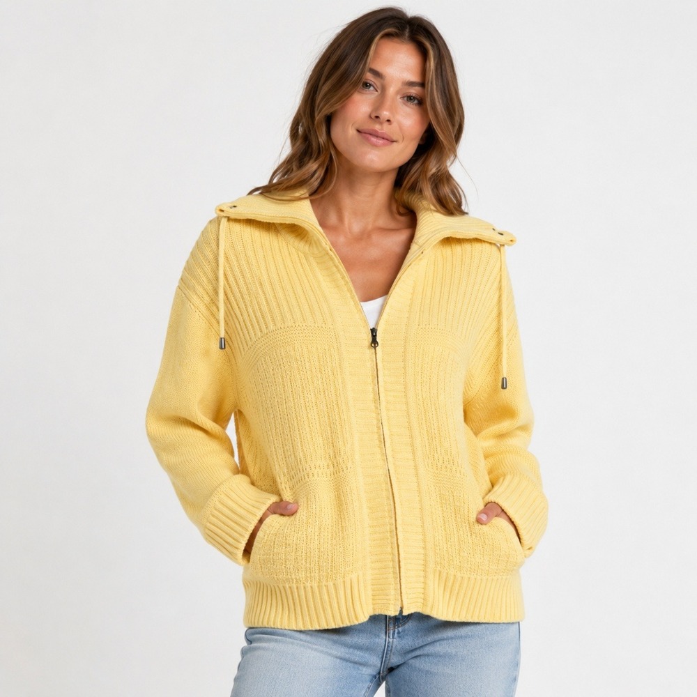Christopher & Banks Yellow Zip Cotton Sweater Womens Large Mixed Knit Cardigan